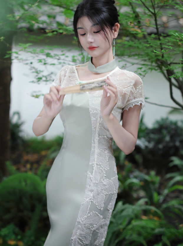 Four catties of homemade Classic Qingli original fresh plain satin summer and autumn new Chinese style improved cheongsam dress