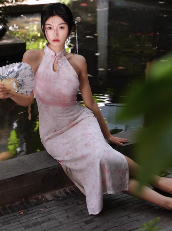四斤自制经典粉色原创新款中式无袖日系飘逸粉色改良旗袍裙