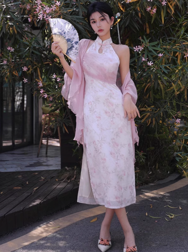 四斤自制经典粉色原创新款中式无袖日系飘逸粉色改良旗袍裙