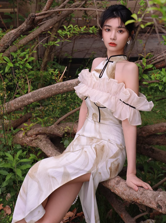 Four catties of self-made Classic "Yunxiu" new Chinese original print sweet long modified cheongsam dress