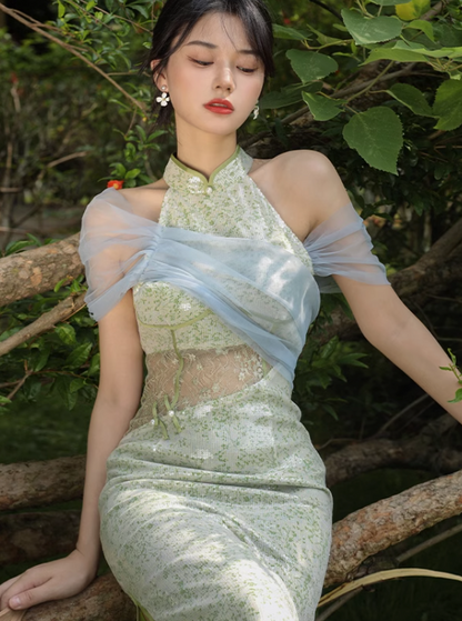 Sleeveless Streamer Green Sequined Dress
