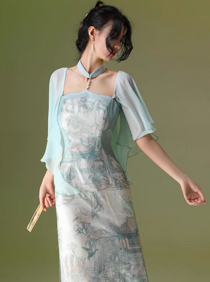 四斤自制尤格原创浅绿色亮片荷叶袖新款中式夏日仙女改良旗袍长裙