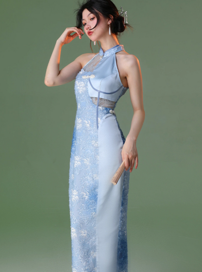 四斤自制冰云原创新中式混纺染色填空蓝缎2024新款改良旗袍长裙
