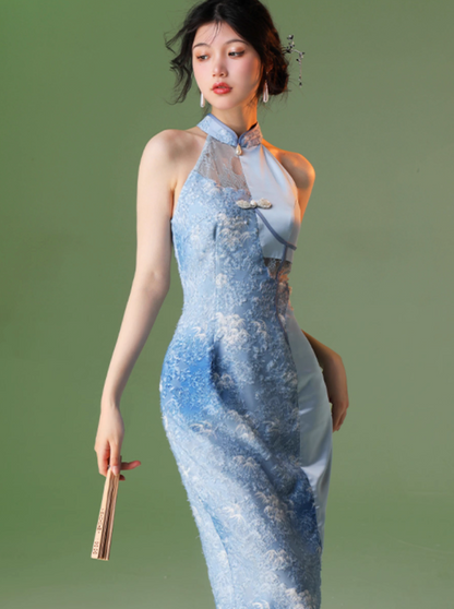 四斤自制冰云原创新中式混纺染色填空蓝缎2024新款改良旗袍长裙