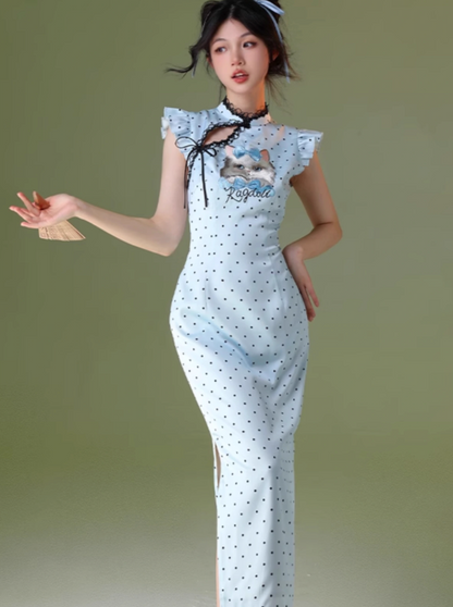 Four catties of homemade polka dot kitten placket short sleeve original embroidery cute girl improved new Chinese cheongsam long skirt