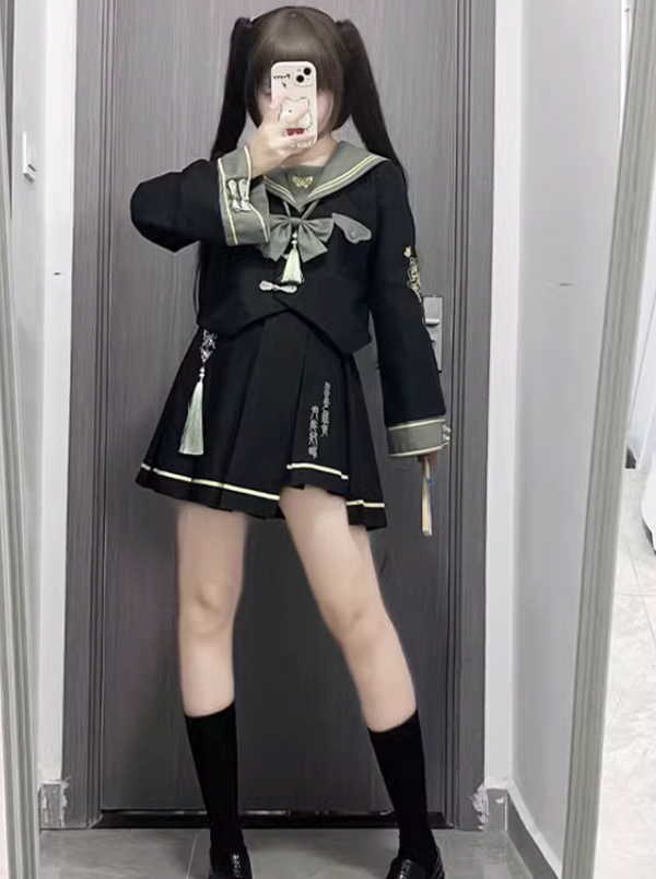 China Sailor Top + Short Skirt + Long Skirt + Chain + Ribbon