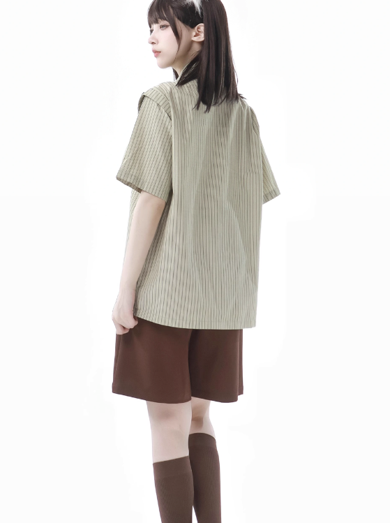 Pinksavior [Lime Iced Tea] Striped Fresh Daily Shirt Skirt Casual Couple Set