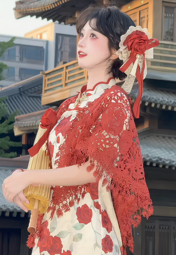 【預購商品】玫瑰故事優雅旗袍＋披肩＋配件