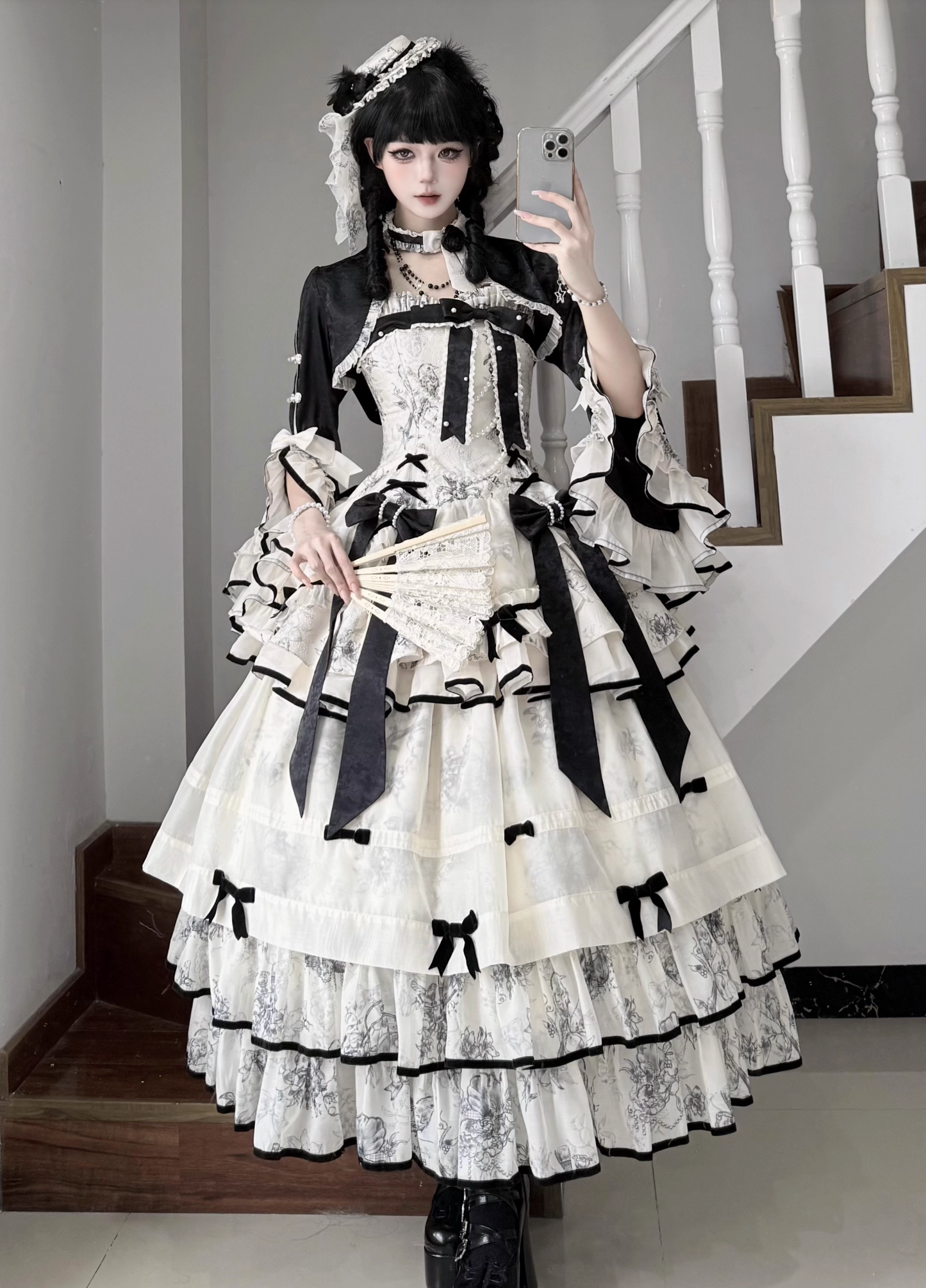 [Pre-order item] Brandy French Pearl Elegant Bustier Dress + Long Skirt + Black Jacquard Jacket + Complete Accessories