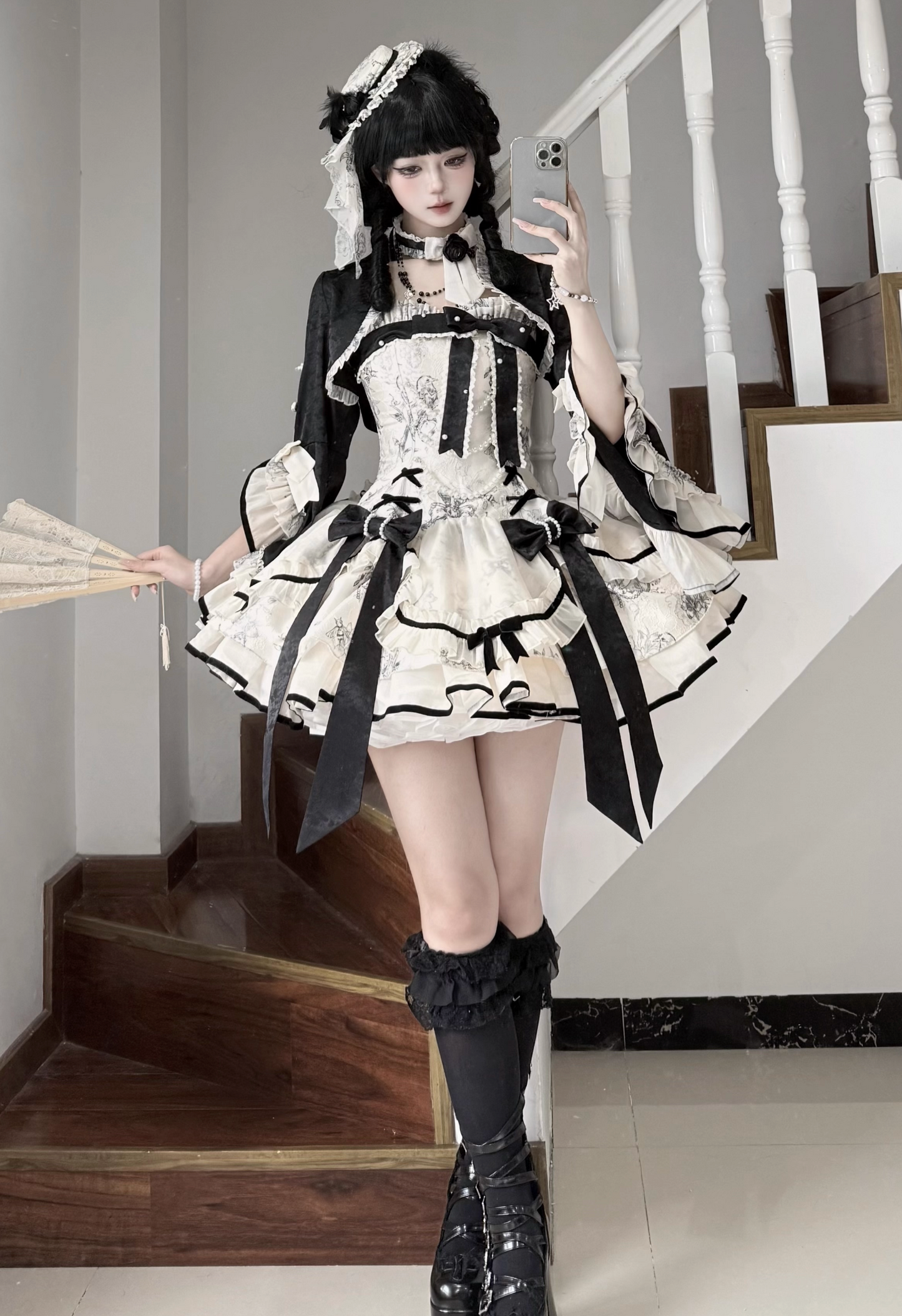 Brandy French Pearl Elegant Bustier Dress + Black Jacquard Jacket + Accessories