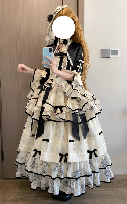 [Pre-order item] Brandy French Pearl Elegant Bustier Dress + Long Skirt + Black Jacquard Jacket + Complete Accessories