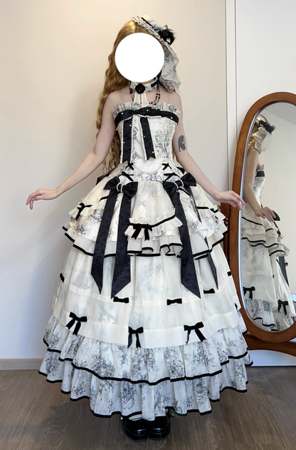 [Pre-order item] Brandy French Pearl Elegant Bustier Dress + Long Skirt + Black Jacquard Jacket + Complete Accessories