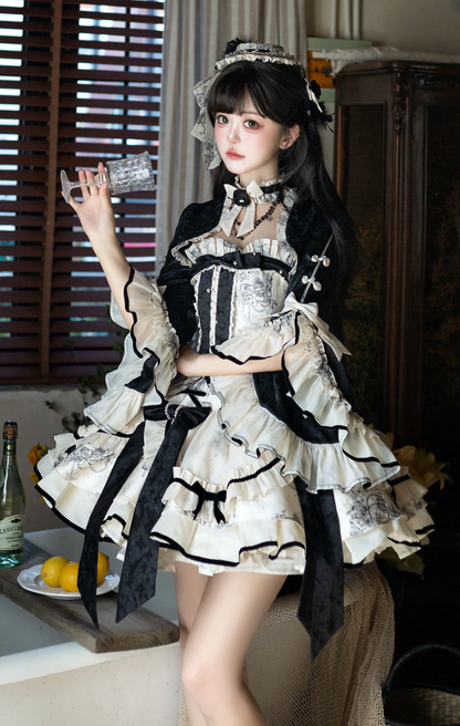 Brandy French Pearl Elegant Bustier Dress + Black Jacquard Jacket + Accessories