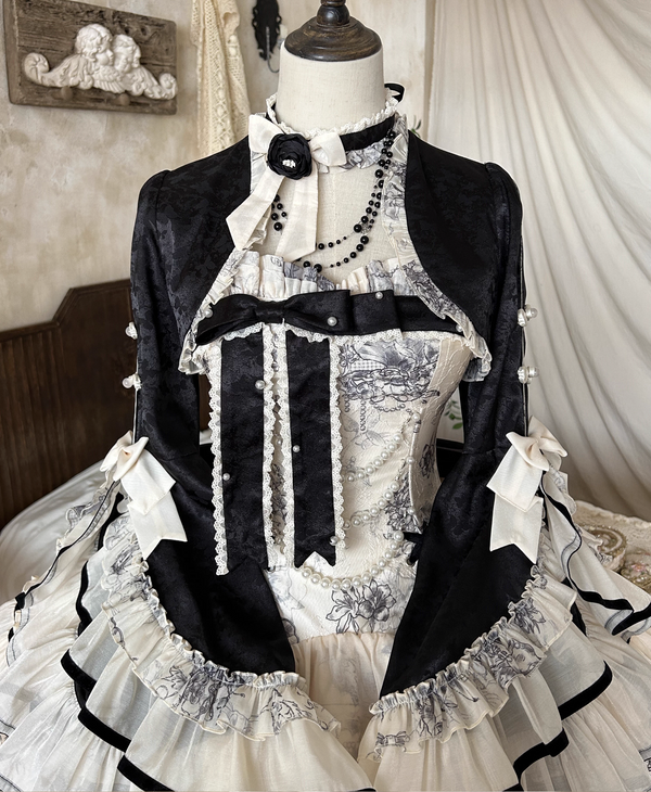 [Pre-order item] Brandy French Pearl Elegant Bustier Dress + Long Skirt + Black Jacquard Jacket + Complete Accessories