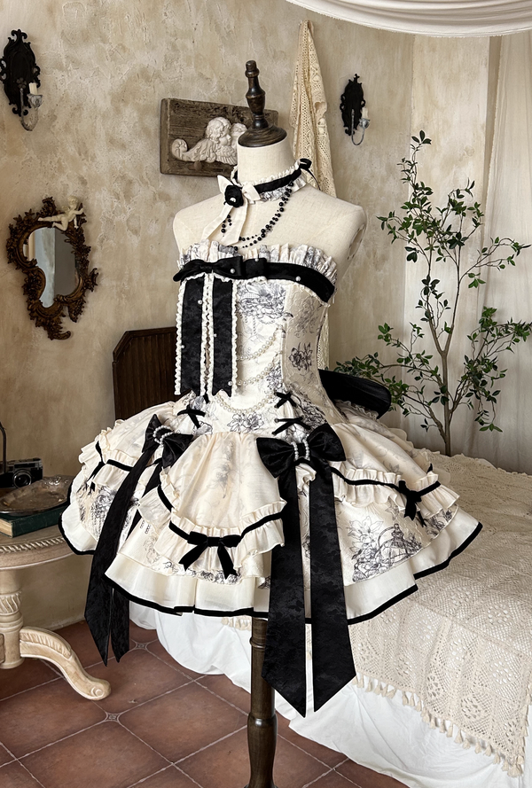 Brandy French Pearl Elegant Bustier Dress + Black Jacquard Jacket + Accessories