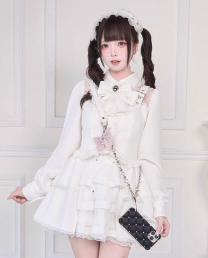 [Reservations] Lace Buckle Shoulder Long Tail Light Gothic Ribbon Shirt