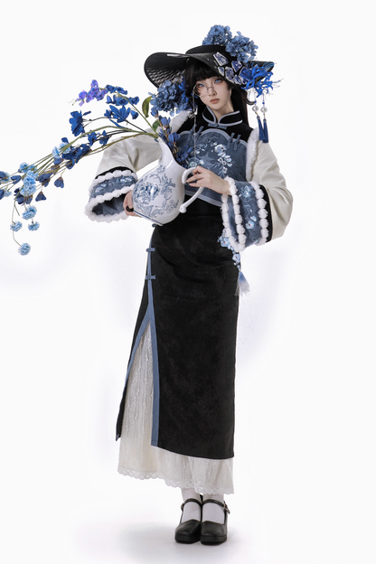 【予約商品】ブルーブラックエレガントベルスリーブチャイナドレス＋ベスト