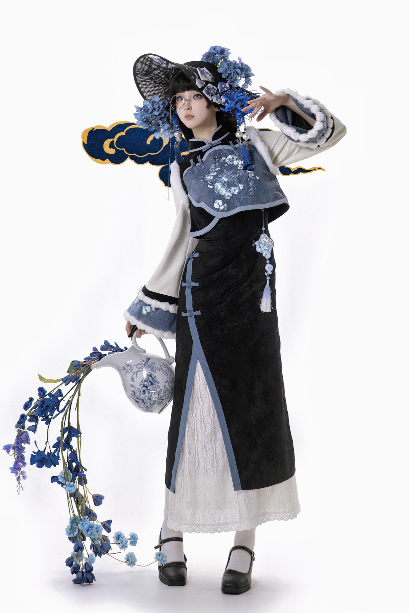 【予約商品】ブルーブラックエレガントベルスリーブチャイナドレス＋ベスト