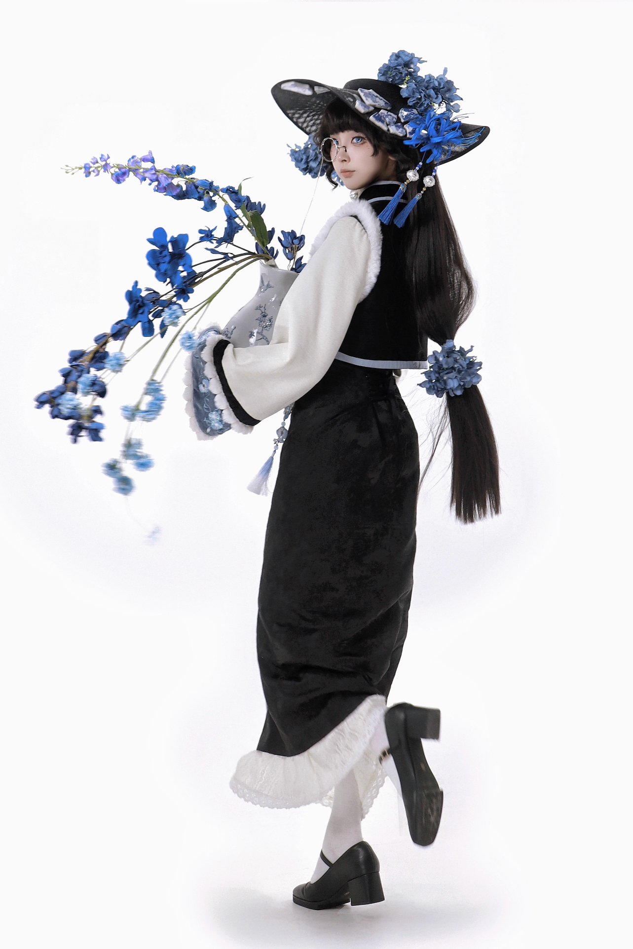 【予約商品】ブルーブラックエレガントベルスリーブチャイナドレス＋ベスト