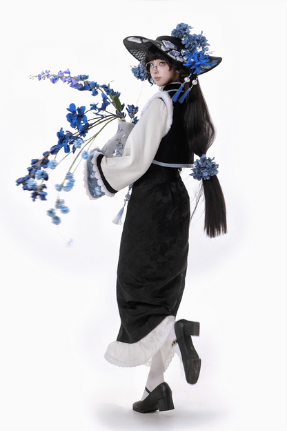 【予約商品】ブルーブラックエレガントベルスリーブチャイナドレス＋ベスト