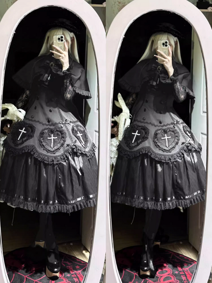 【12月12日予約締切】Night Crossダークエレガントゴシックロリータジュエルリボンケープ＋ロングドレスセット