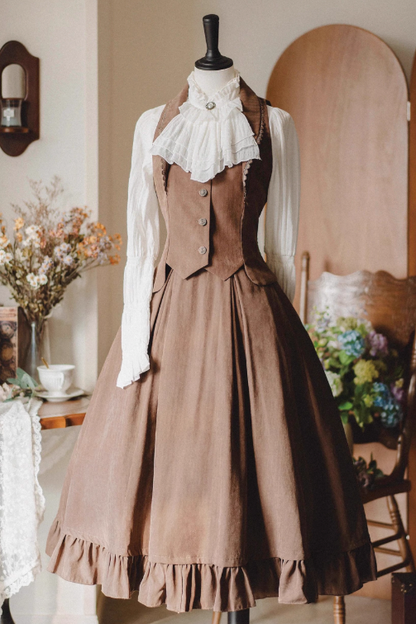 クラシカルレトロブラウス＋カラーベスト＋フレアロングスカート