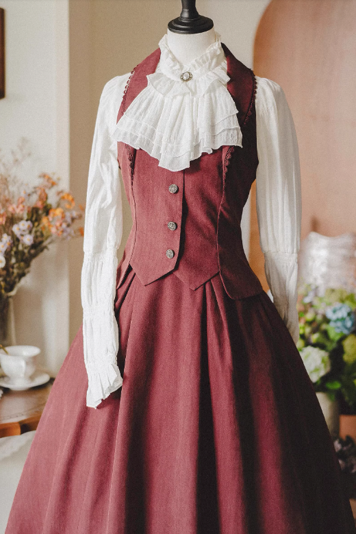 クラシカルレトロブラウス＋カラーベスト＋フレアロングスカート