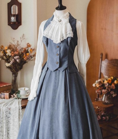 クラシカルレトロブラウス＋カラーベスト＋フレアロングスカート