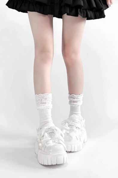 【12月8日予約締切】ブラックホワイトリボンエンジェルプラットフォームパンクサブカルスニーカー