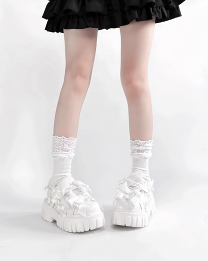 【12月8日予約締切】ブラックホワイトリボンエンジェルプラットフォームパンクサブカルスニーカー