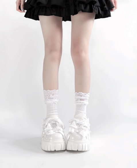 【12月8日予約締切】ブラックホワイトリボンエンジェルプラットフォームパンクサブカルスニーカー