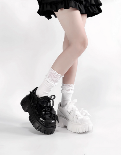 【12月8日予約締切】ブラックホワイトリボンエンジェルプラットフォームパンクサブカルスニーカー