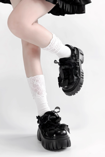 【12月8日予約締切】ブラックホワイトリボンエンジェルプラットフォームパンクサブカルスニーカー