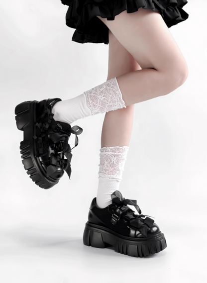 【12月8日予約締切】ブラックホワイトリボンエンジェルプラットフォームパンクサブカルスニーカー