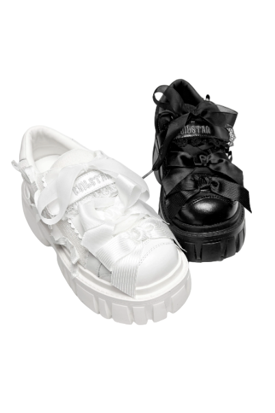 【12月8日予約締切】ブラックホワイトリボンエンジェルプラットフォームパンクサブカルスニーカー