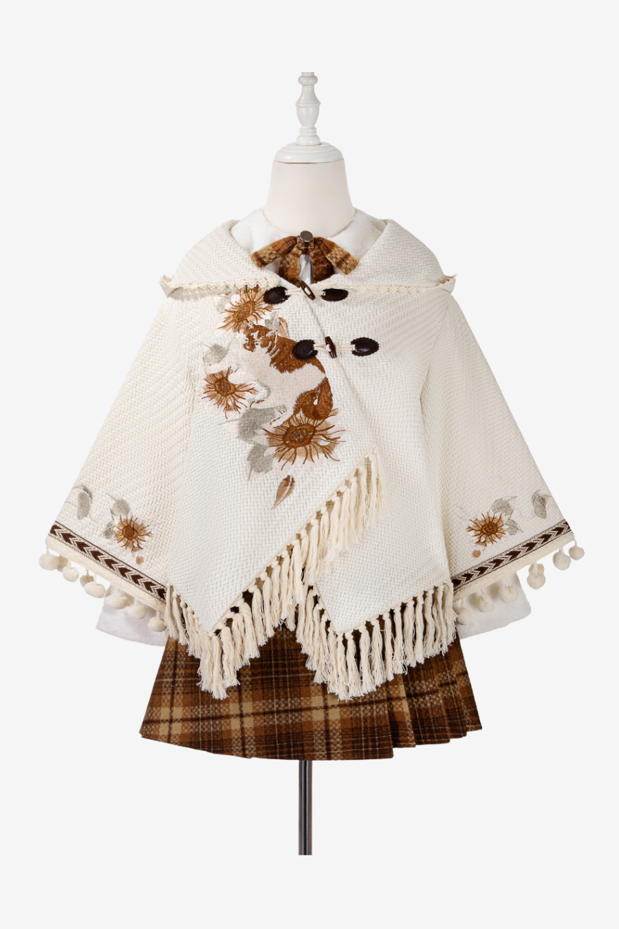 Retro Flower Design Cloak + Check Skirt + Shirt