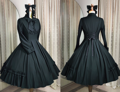 【12月9日予約締切】エレガントロングスリーブフリルリボンドレス