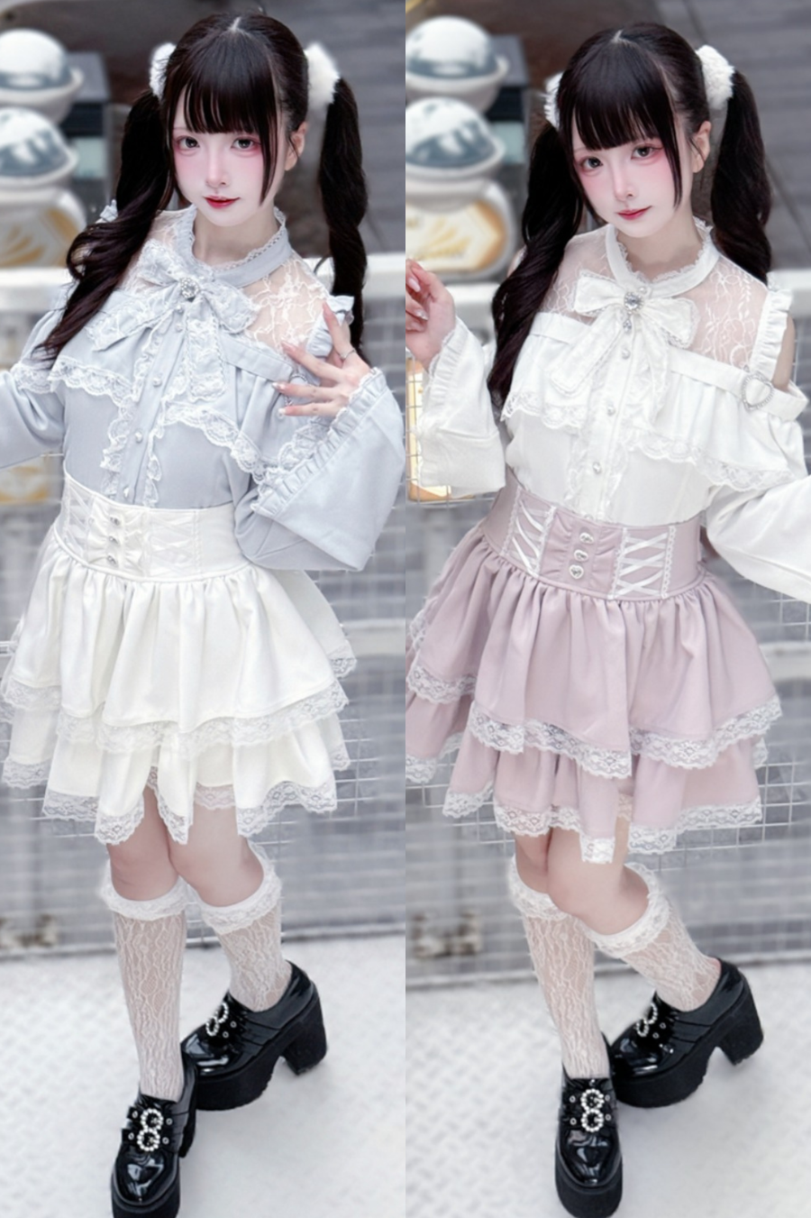 Lace off-the-shoulder shirt + lace-up skirt