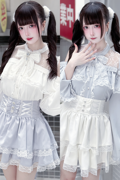 Lace off-the-shoulder shirt + lace-up skirt