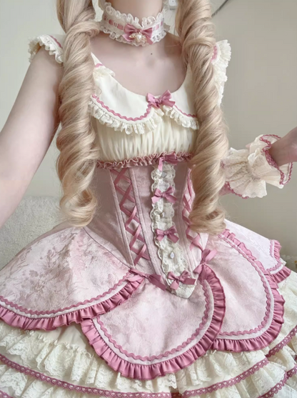 【12月17日予約締切】ピンクフローラルスイートロリータティアードドレス＋うさ耳ボンネット＋アクセサリー
