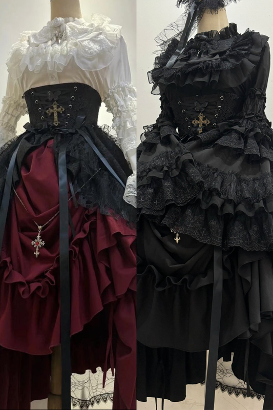 ゴシックスーパーゴージャスジスリーブロリータシャツ+フリルスカート+ハット