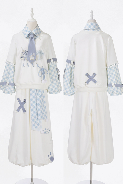 デジタルチェックトップス+ワイドパンツ+ベルト+ネクタイ