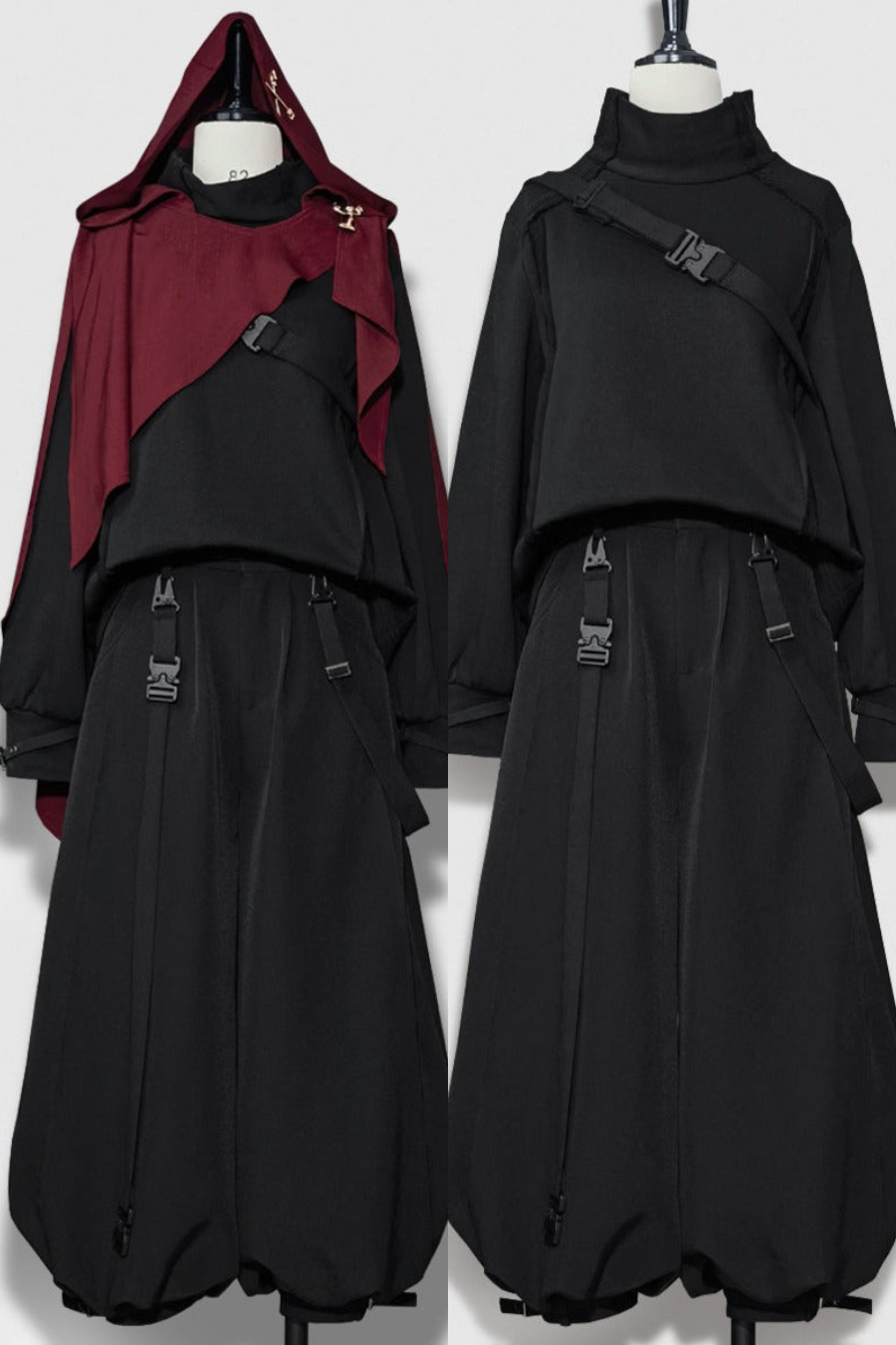 Dark cool jacket + cropped pants + hooded shawl