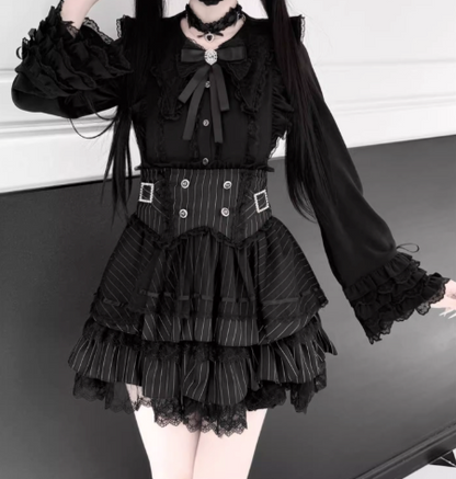 【1月7日予約締切】ジュエルリボンベルスリーブシャツ＋ブラックストライプティアードスカート＋セットアップ