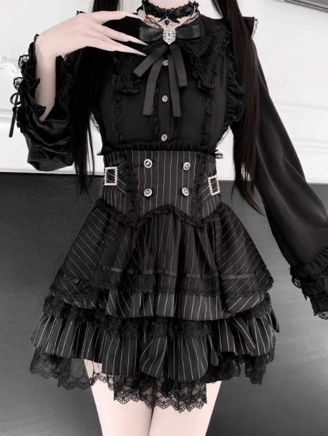 【1月7日予約締切】ジュエルリボンベルスリーブシャツ＋ブラックストライプティアードスカート＋セットアップ