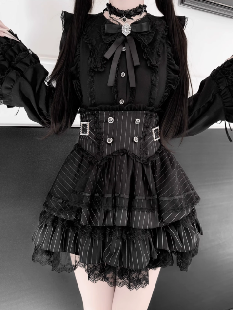 【1月7日予約締切】ジュエルリボンベルスリーブシャツ＋ブラックストライプティアードスカート＋セットアップ