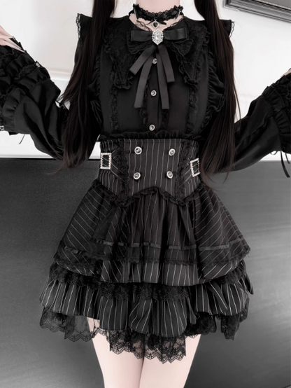 【1月7日予約締切】ジュエルリボンベルスリーブシャツ＋ブラックストライプティアードスカート＋セットアップ