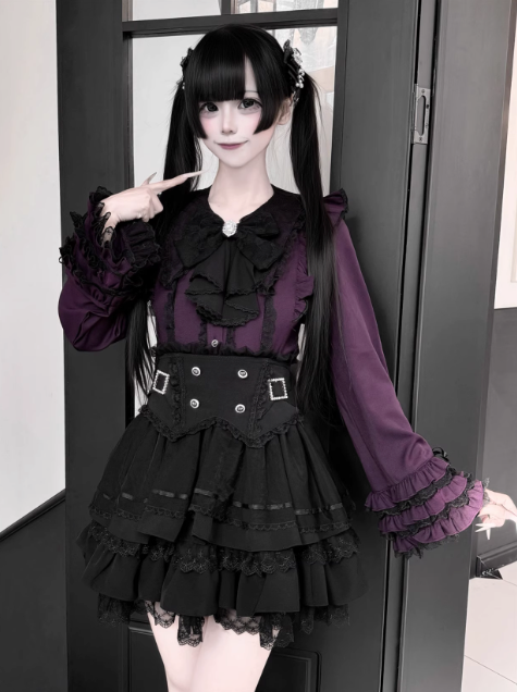 【1月7日予約締切】ジュエルリボンベルスリーブシャツ＋ブラックストライプティアードスカート＋セットアップ