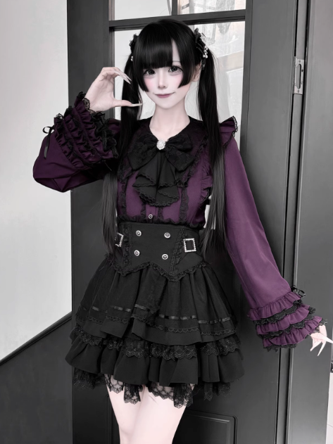 【1月7日予約締切】ジュエルリボンベルスリーブシャツ＋ブラックストライプティアードスカート＋セットアップ