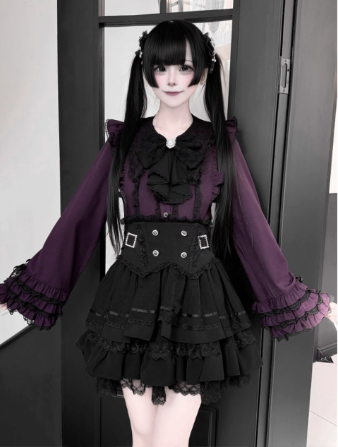 【1月7日予約締切】ジュエルリボンベルスリーブシャツ＋ブラックストライプティアードスカート＋セットアップ